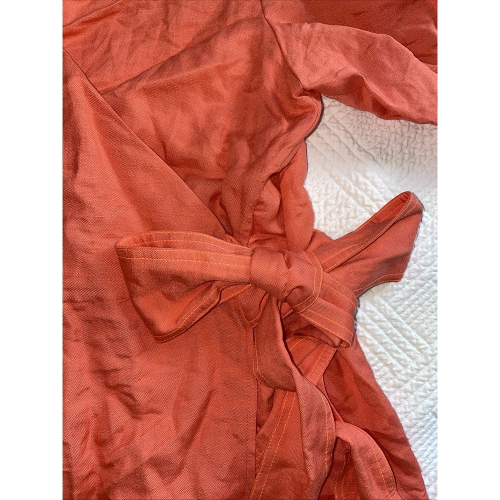 Hunter Bell Wrap Dress Women's Large Coral V Neck Puff Sleeve Linen Blend Luxury - Picture 4 of 10